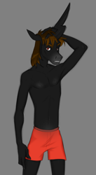 Size: 940x1716 | Tagged: safe, artist:angry_platypus, oc, unicorn, anthro, anthro oc, clothes, horn, male, male nipples, nipples, nudity, panties, pants, partial nudity, sexy, stallion, topless, underwear, unicorn oc