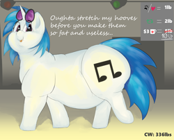 Size: 2500x2017 | Tagged: safe, artist:lupin quill, dj pon-3, vinyl scratch, pony, unicorn, series:vinyl scratch weight gain drive, :p, belly, belly button, big belly, bingo wings, butt, chest fluff, chubby cheeks, dialogue, double chin, fat, fat fetish, female, fetish, incentive drive, large butt, looking at you, lying down, mare, obese, plot, rolls of fat, solo, speaker, studio lights, sunglasses, talking to viewer, tongue out, vinyl fat, waddle, walking, weight gain sequence