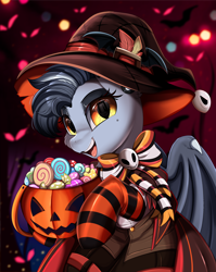 Size: 2550x3209 | Tagged: safe, artist:pridark, part of a set, oc, oc only, oc:noveske, bat pony, pony, bat pony oc, bat wings, candy, clothes, commission, female, food, halloween, hat, high res, holiday, jack-o-lantern, mare, open mouth, pumpkin, socks, solo, striped socks, wings, witch hat, ych result