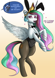Size: 2480x3508 | Tagged: safe, artist:nire, nightmare moon, princess celestia, princess luna, alicorn, pony, g4, belly button, bowtie, bunny ears, bunny suit, bunnylestia, clothes, collar, costume, cuffs (clothes), duo, eyeliner, eyeshadow, female, floating heart, halloween, halloween costume, heart, high res, holiday, leotard, lipstick, makeup, nightmare night, one eye closed, pantyhose, playboy bunny, pose, smiling at you, solo focus, spread wings, stupid sexy celestia, wings, wink, winking at you