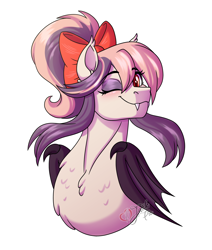 Size: 2800x3300 | Tagged: safe, artist:jack-pie, oc, oc only, oc:sweet velvet, bat pony, pony, bat pony oc, bat wings, beautiful, bust, chest fluff, commission, cute, female, high res, one eye closed, pretty, simple background, smiling, solo, transparent background, wavy mouth, wings, wink