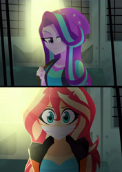 Size: 3949x5574 | Tagged: safe, artist:xan-gelx, starlight glimmer, sunset shimmer, equestria girls, g4, absurd resolution, backpack, beanie, cloth gag, commission, duo, gag, hat, lidded eyes