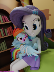 Size: 3750x5000 | Tagged: safe, artist:extremespeed slowpoke, rainbow dash, rarity, pegasus, pony, equestria girls, g4, 3d, blender, blushing, eyeshadow, forced makeover, grin, human and pony, lipstick, makeup, open mouth, smiling, tomboy taming