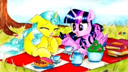 Size: 4128x2322 | Tagged: safe, artist:liaaqila, lemon hearts, twilight sparkle, alicorn, pony, unicorn, g4, book, commission, cup, donut, duo, duo female, eyes closed, female, floppy ears, food, herbivore, high res, horn, lesbian, lying down, mare, open mouth, open smile, picnic blanket, prone, salad, ship:lemonlight, shipping, smiling, teacup, teapot, traditional art, tree, twilight sparkle (alicorn), underhoof