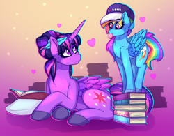 Size: 1452x1132 | Tagged: safe, artist:aaa-its-spook, rainbow dash, twilight sparkle, alicorn, pegasus, pony, g4, accessory, alternate hairstyle, backwards cutie mark, book, bubblegum, feather, female, food, gum, hat, lesbian, looking at each other, pillow, ship:twidash, shipping, size difference, twilight sparkle (alicorn)