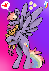 Size: 500x733 | Tagged: safe, artist:hunterartist, cheerilee, rainbow dash, scootaloo, earth pony, pegasus, pony, g4, cutie mark, duo, female, filly, fusion, gradient background, heart, hug, mare, multiple legs, scootalove