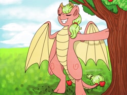 Size: 2048x1536 | Tagged: safe, artist:incendiarymoth, applejack, spike, dragon, earth pony, hybrid, pony, g4, apple, apple tree, bipedal, bipedal leaning, cowboy hat, dragoness, female, food, fusion, hat, leaning, mare, outdoors, signature, solo, stetson, tree