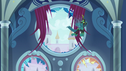 Size: 1920x1080 | Tagged: safe, screencap, queen chrysalis, changeling, changeling queen, g4, the ending of the end, destruction, female, flying, solo, ultimate chrysalis