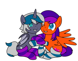 Size: 1011x791 | Tagged: safe, artist:icicle-niceicle-1517, artist:kb-gamerartist, color edit, edit, oc, oc only, oc:elizabat stormfeather, oc:jade harmony, alicorn, bat pony, bat pony alicorn, pegasus, pony, alicorn oc, bat pony oc, bat wings, clothes, collaboration, colored, duo, female, grin, horn, hug, mare, one eye closed, raised hoof, simple background, sitting, smiling, socks, striped socks, transparent background, wings, wink
