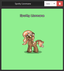 Size: 416x465 | Tagged: safe, oc, oc:spotty lionmane, pony, unicorn, pony town, female, horn, leonine tail, open mouth, spots, two toned mane, two toned tail, unshorn fetlocks