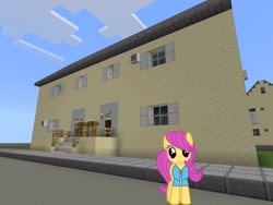 Size: 2048x1536 | Tagged: safe, artist:magister39, artist:topsangtheman, pursey pink, earth pony, pony, g4, house, looking at you, minecraft, solo