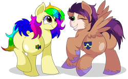 Size: 9000x5600 | Tagged: safe, artist:rainbowtashie, oc, oc:fast hooves, oc:rainbow tashie, clydesdale, earth pony, pegasus, pony, butt, commissioner:bigonionbean, cute, cutie mark, earth pony oc, extra thicc, female, flank, fusion, fusion:flash sentry, fusion:trouble shoes, male, mare, plot, simple background, stallion, the ass was fat, transparent background, writer:bigonionbean