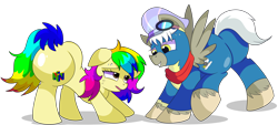 Size: 8400x3800 | Tagged: safe, artist:rainbowtashie, oc, oc:air brakes, oc:rainbow tashie, earth pony, pegasus, pony, butt, clothes, commissioner:bigonionbean, conductor hat, cute, cutie mark, earth pony oc, extra thicc, female, flank, fusion, fusion:caboose, goggles, hat, male, mare, plot, scarf, simple background, stallion, sweat, the ass was fat, transparent background, uniform, wonderbolts, wonderbolts uniform, writer:bigonionbean