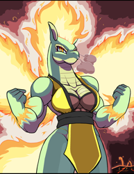 Size: 1928x2500 | Tagged: safe, alternate version, artist:droll3, tianhuo (tfh), dragon, hybrid, longma, anthro, them's fightin' herds, bottomless, breasts, busty tianhuo, cleavage, clothes, community related, female, fire, high res, muscles, muscular female, partial nudity, solo