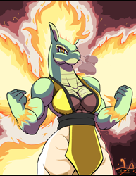 Size: 1928x2500 | Tagged: safe, artist:droll3, tianhuo (tfh), dragon, hybrid, longma, anthro, them's fightin' herds, breasts, busty tianhuo, cleavage, clothes, community related, female, fire, high res, muscles, muscular female, pants, solo