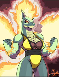Size: 1928x2500 | Tagged: safe, alternate version, artist:droll3, tianhuo (tfh), dragon, hybrid, longma, anthro, them's fightin' herds, breasts, busty tianhuo, cleavage, community related, female, fire, high res, muscles, solo, thighs, thunder thighs