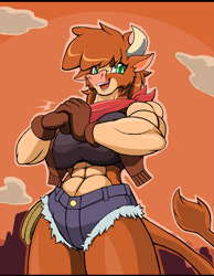 Size: 1929x2489 | Tagged: safe, artist:droll3, arizona (tfh), cow, anthro, them's fightin' herds, bandana, breasts, busty arizona, clothes, community related, female, muscles, muscular female, open mouth, shorts