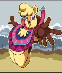 Size: 2123x2483 | Tagged: safe, alternate version, artist:droll3, paprika (tfh), alpaca, anthro, them's fightin' herds, clothes, community related, female, fur, happy, hat, high res, open mouth, plump, poncho, solo