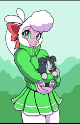 Size: 1624x2493 | Tagged: safe, artist:droll3, pom (tfh), dog, lamb, sheep, anthro, them's fightin' herds, clothes, community related, cute, female, fur, happy, high res, holding a dog, open mouth, puppy, skirt, solo, sweater