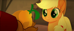 Size: 1365x574 | Tagged: safe, screencap, applejack, capper dapperpaws, earth pony, pony, g4, my little pony: the movie, capper's hand, cute, jackabetes, offscreen character, orange fruit thing