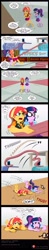 Size: 900x4554 | Tagged: safe, artist:niban-destikim, sci-twi, sunset shimmer, twilight sparkle, human, comic:the shrinking project, equestria girls, g4, airborne, barefoot, barefooting, book, comic, comic strip, commission, dialogue, feet, landing, looking up, micro, rubber band, screaming, speech bubble, table, thud, thumb tacks, together