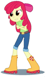 Size: 381x642 | Tagged: artist needed, safe, apple bloom, equestria girls, g4, adorabloom, apple bloom's bow, background removed, belt, blushing, boots, bow, clothes, covering, cropped, cute, hair bow, jeans, pants, self-hugging, shirt, shoes, shy, simple background, smiling, solo, transparent background