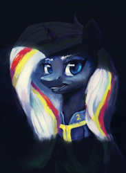 Size: 3288x4500 | Tagged: safe, artist:terrafomer, oc, oc only, oc:velvet remedy, pony, unicorn, fallout equestria, bust, clothes, fanfic, fanfic art, female, horn, jumpsuit, mare, portrait, solo, vault suit