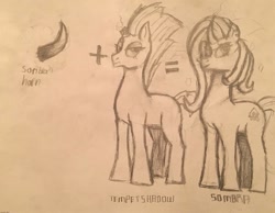 Size: 1015x787 | Tagged: safe, artist:drawer450, tempest shadow, pony, unicorn, g4, my little pony: the movie, colored horn, curved horn, dark magic, disembodied horn, female, frown, her body has been possessed by sombra, horn, magic, mare, overwatch, possessed, severed horn, simple background, solo, sombra (overwatch), sombra horn, sombra's horn, tempest gets her horn back, tempest with sombra's horn, white background