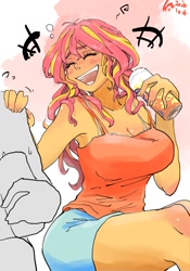 Size: 700x1000 | Tagged: safe, artist:sozglitch, sunset shimmer, equestria girls, alcohol, armpits, big breasts, blushing, bra, bra strap, breasts, busty sunset shimmer, cleavage, clothes, drink, drunk, drunker shimmer, eyes closed, hand on shoulder, happy, laughing, multicolored hair, offscreen character, open mouth, shiny skin, shorts, sitting, smiling, tanktop, thighs, underwear, yellow skin