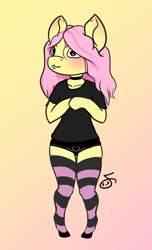 Size: 1746x2880 | Tagged: safe, artist:farfus, fluttershy, anthro, unguligrade anthro, g4, arm hooves, black underwear, clothes, collar, female, fluttergoth, goth, gradient background, socks, solo, striped socks, underwear, wingless