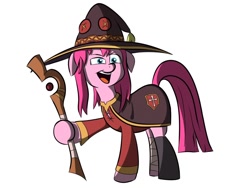 Size: 1080x810 | Tagged: safe, pinkie pie, earth pony, pony, g4, floppy ears, hat, konosuba, megumin, open mouth, pinkamena diane pie, solo, staff, wizard, wizard hat