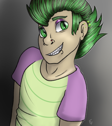 Size: 1781x2000 | Tagged: safe, artist:ponykittenboi, spike, human, g4, eyeshadow, human spike, humanized, makeup, mohawk, piercing