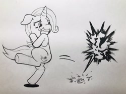 Size: 2048x1536 | Tagged: safe, artist:batipin, trixie, insect, pony, unicorn, g4, bipedal, female, floppy ears, gritted teeth, ink drawing, mare, monochrome, scared, solo, tears of fear, traditional art