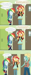 Size: 1920x4608 | Tagged: safe, artist:phantomshadow051, rainbow dash, sunset shimmer, zephyr breeze, comic:eqg:bursting rainbow, equestria girls, g4, my little pony equestria girls: better together, bathroom, crossed legs, desperation, implied twilight sparkle, need to pee, omorashi, out of order, potty dance, potty emergency, potty time, request, sunset's journal, sweat