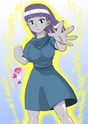 Size: 1448x2048 | Tagged: safe, artist:batipin, maud pie, pinkie pie, equestria girls, g4, ><, alternate version in the description, aura, breasts, busty maud pie, description is artwork too, eyes closed, female, gradient background, jumping, solo focus