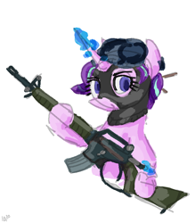 Size: 624x713 | Tagged: safe, artist:chaoticchloride, starlight glimmer, pony, unicorn, g4, alternate hairstyle, balaclava, female, glowing horn, gun, horn, mare, military, rifle, simple background, solo, weapon, white background