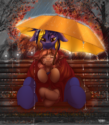 Size: 3500x4000 | Tagged: source needed, useless source url, safe, artist:redvais, oc, oc only, oc:airi, oc:vajr, bat pony, pony, unicorn, autumn, bench, duo, floppy ears, rain, streetlight, tree, umbrella, vairi