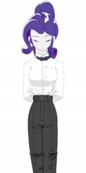 Size: 1024x2048 | Tagged: safe, alternate version, artist:batipin, rarity, equestria girls, g4, alternate hairstyle, bowtie, clothes, eyes closed, female, hands behind back, simple background, solo, suit, white background