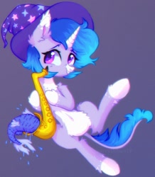 Size: 1455x1668 | Tagged: safe, artist:astralblues, oc, oc:astral blues, fish, pony, unicorn, awkward smile, chest fluff, clothes, cute, ear fluff, fluffy, hair, hat, holding, hoof fluff, leg fluff, legs raised, musical instrument, saxophone, shy, smiling, spots, spread legs, spreading, stars, tail