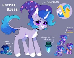 Size: 1500x1185 | Tagged: safe, artist:astralblues, oc, oc:astral blues, pony, unicorn, pony town, blue mane, chest fluff, clothes, costume, crystal, cutie mark, ear fluff, female, hair, hat, hoof fluff, lamp, leg fluff, mane, mare, musical instrument, pixel art, purple eyes, reference sheet, saxophone, socks, standing, stars