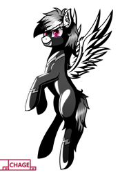 Size: 1500x2160 | Tagged: safe, alternate version, artist:chage, rainbow dash, pegasus, pony, g4, clothes, costume, flying, monochrome, multicolored hair, neo noir, partial color, shadowbolt dash, shadowbolts, shadowbolts costume, simple background, smiling, solo, spread wings, transparent background, wings