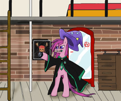 Size: 1138x945 | Tagged: safe, artist:sanav1, oc, oc:formosana, earth pony, pony, anarchist, bedroom, clothes, doctor who, harry potter (series), hat, i tried, pirates of the caribbean: dead man's chest, slytherin, sonic screwdriver, trixie's hat