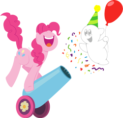 Size: 1626x1568 | Tagged: safe, artist:clarktooncrossing, pinkie pie, oc, ghost, pony, undead, g4, balloon, hat, party cannon, party hat, simple background, transparent background
