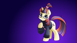 Size: 2560x1440 | Tagged: safe, artist:nekoshiei, artist:ramivic, edit, part of a set, moondancer, pony, unicorn, g4, aside glance, blushing, clothes, cute, dancerbetes, female, glasses, gradient background, head tilt, hoof on chest, looking at you, manga style, mare, raised hoof, smiling, smiling at you, solo, standing, sweater, taped glasses, three quarter view, turtleneck, wallpaper, wallpaper edit