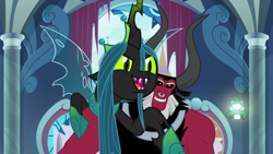Size: 1920x1080 | Tagged: safe, screencap, lord tirek, queen chrysalis, centaur, changeling, changeling queen, g4, the ending of the end, bell, female, grogar's bell, male, ultimate chrysalis