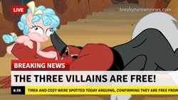 Size: 1280x720 | Tagged: safe, edit, edited screencap, screencap, cozy glow, lord tirek, centaur, pegasus, pony, frenemies (episode), g4, antagonist, arms, bow, break your own news, breaking news, caption, cloven hooves, cozy glow is best facemaker, curly mane, derp, evil lair, faic, female, filly, funny, funny faces, grogar's lair, horns, image macro, lair, male, meme, nose piercing, nose ring, piercing, septum piercing, stairs, text