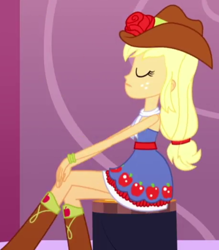 Size: 460x524 | Tagged: safe, screencap, applejack, equestria girls, g4, make up shake up, my little pony equestria girls: summertime shorts, bare shoulders, cropped, fall formal outfits, sleeveless, solo, strapless