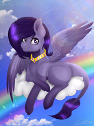 Size: 768x1024 | Tagged: safe, oc, oc only, pegasus, pony, cloud, female, leonine tail, mare, on a cloud, rainbow, solo