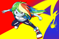 Size: 2467x1626 | Tagged: safe, artist:batipin, rainbow dash, equestria girls, g4, abstract background, clothes, converse, female, jacket, leggings, shirt, shoes, sneakers, solo