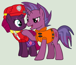 Size: 992x854 | Tagged: safe, artist:jadeharmony, fizzlepop berrytwist, tempest shadow, oc, oc:transparent (tempest's father), pony, series:sprglitemplight diary, series:sprglitemplight life jacket days, series:springshadowdrops diary, series:springshadowdrops life jacket days, g4, alternate universe, boop, clothes, father and child, father and daughter, female, lifejacket, male, marshall (paw patrol), noseboop, paw patrol